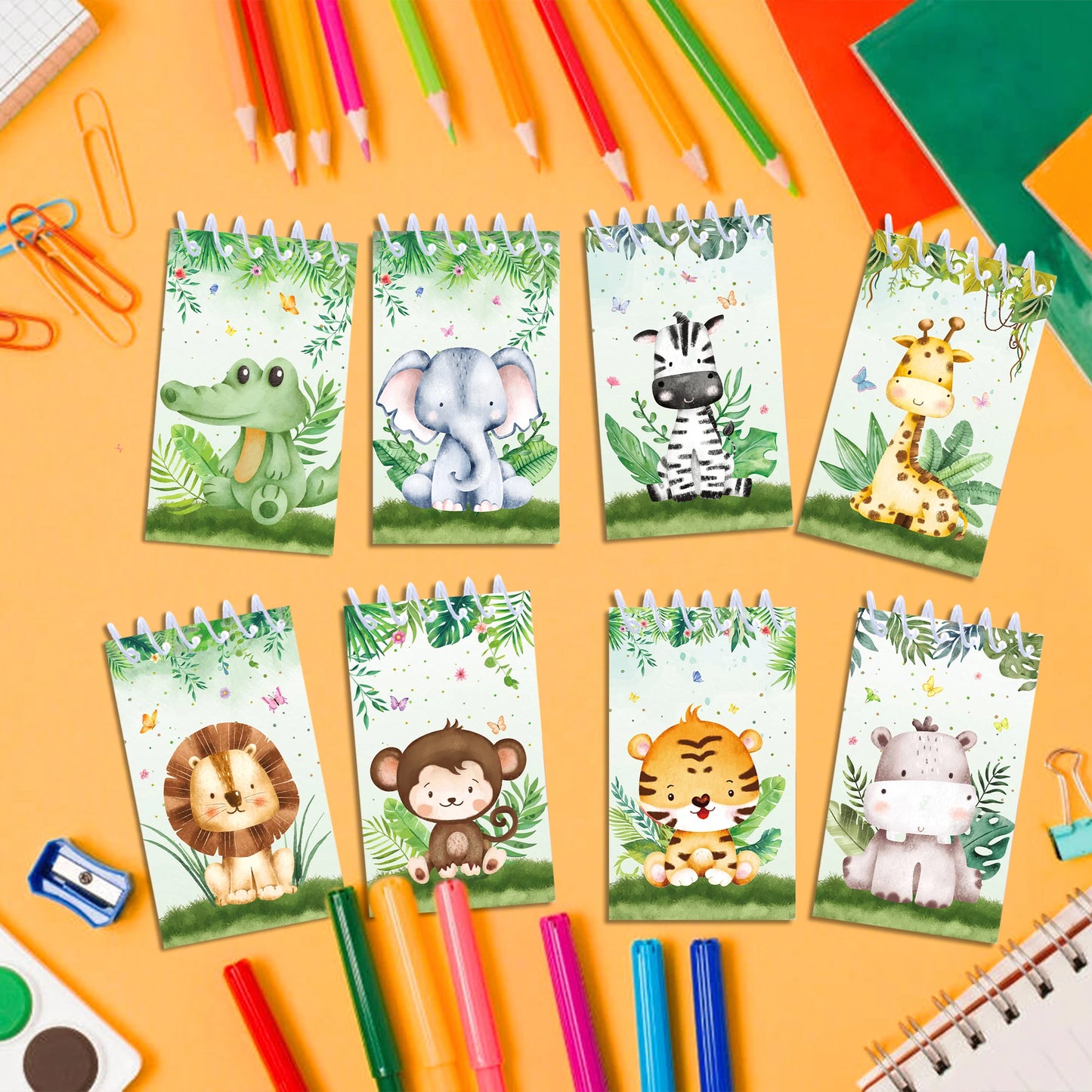 8pcs Jungle Animals Mini Spiral Notepads Cartoon Tiger Lion Pattern Spiral Coil Notebook for Birthday Party Supplies
