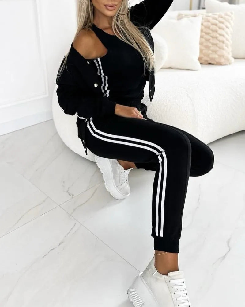 Autumn 3 Piece Tracksuit Outfit Set Striped Tape Patch Button Front Jacket Cuffed Pants Tank Top with Pockets for Casual Wear