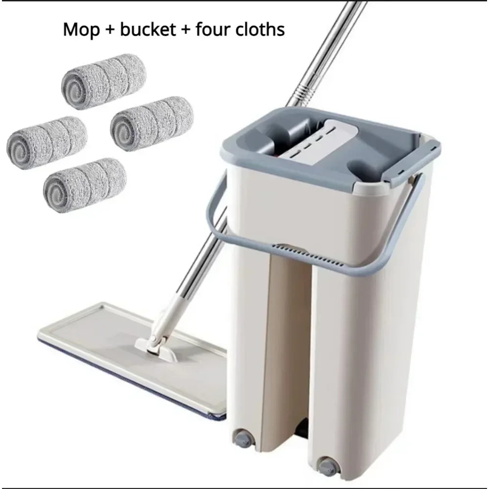 Flat Squeeze Mop with Bucket Hand Free Wringing Floor Cleaning Mop Microfiber Mop Pads Wet or Dry Usage on Hardwood Laminate