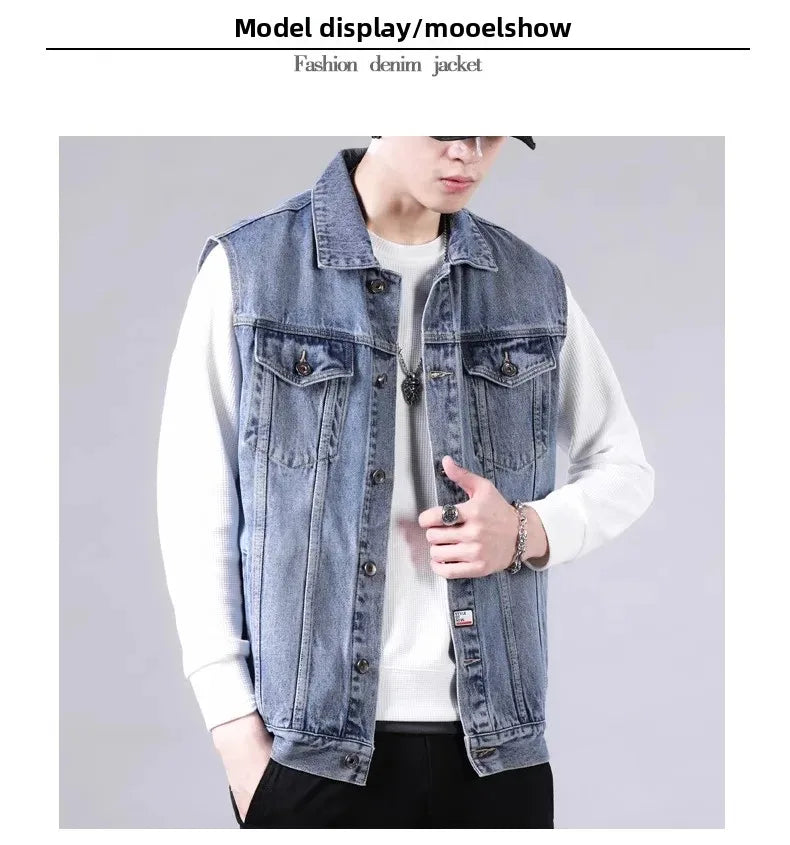 American Style Casual Men's Denim Jacket Loose Cool Retro Workwear Jacket Versatile Leisure Vest for Spring And Autumn