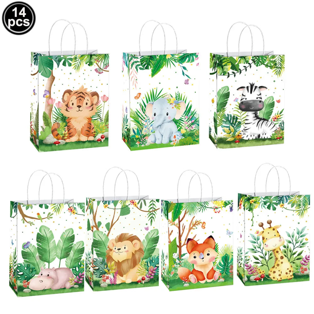10-49pcs Cartoon Jungle Animals Gift Handbag Zebra Tiger Giraffe Fox Candy Package Jungle Theme Birthday Party Decor Supplies