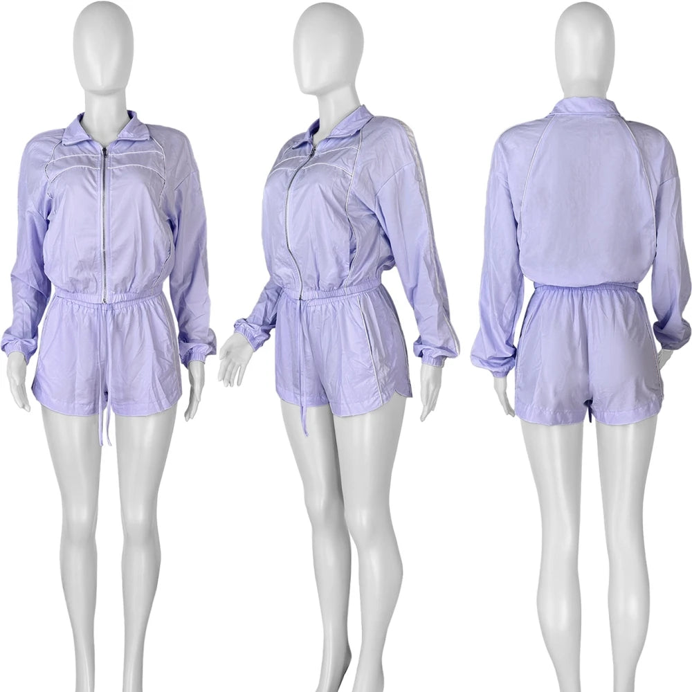 FAGADOER Casual Color Block 2 Pieces Set for Woman Long Sleeve Zipper Crop Jacke and Drawstring Shorts Female Jogger Clothing