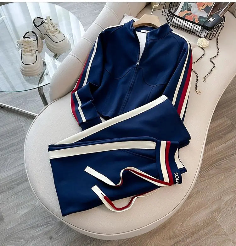 Blue Casual Sports Suit Women's Autumn and Winter Stylish Slimming Cardigan Sweatshirt Straight Leg Pants Two-piece Setpant Sets