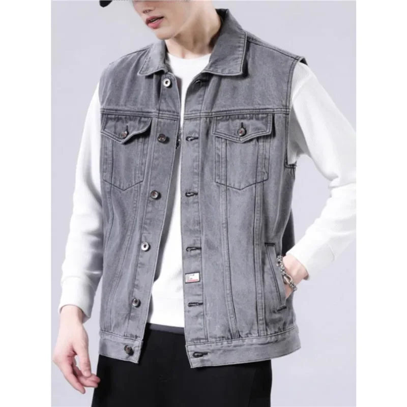 American Style Casual Men's Denim Jacket Loose Cool Retro Workwear Jacket Versatile Leisure Vest for Spring And Autumn