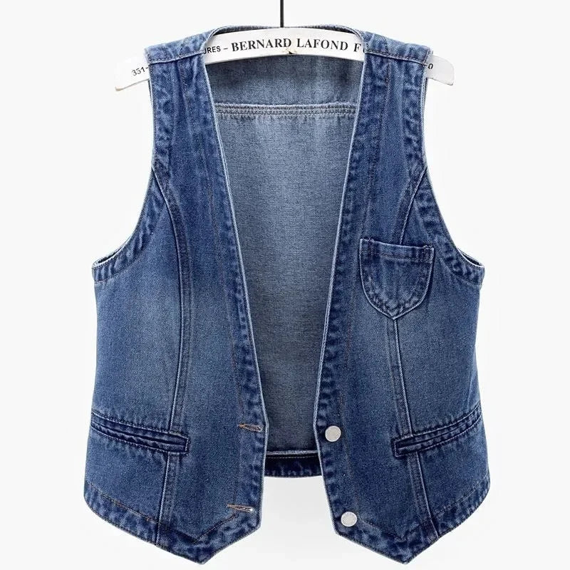 Fashion Denim Vest Female Streetwear V Neck Women Vest Summer Large Size Waistcoat Jeans Tops Sleevless Jacket Chaleco Mujer 6XL