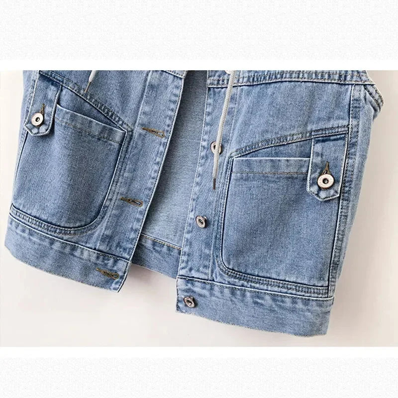 New Women Denim Vest Jackets Spring Autumn Pocket Hooded  Short Jean Waistcoat Sleeveless Jacket Outerwear Female Casual Top 5XL