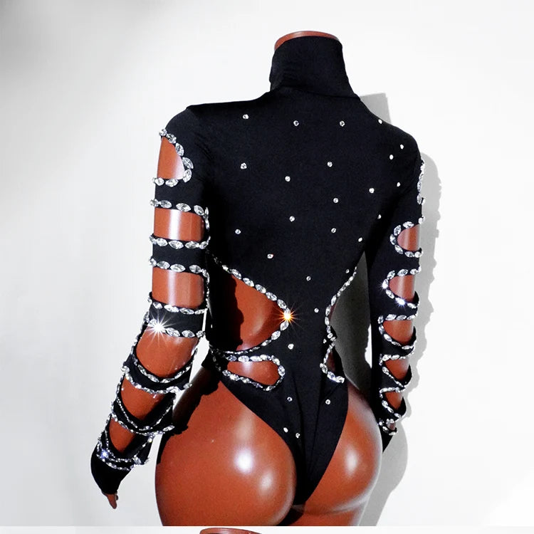 Drag Queen Outfit Sparkly Black Hollow Sexy 2 Piece Crystal Women Evening Prom Celebrate Birthday NightClub Performance Costume
