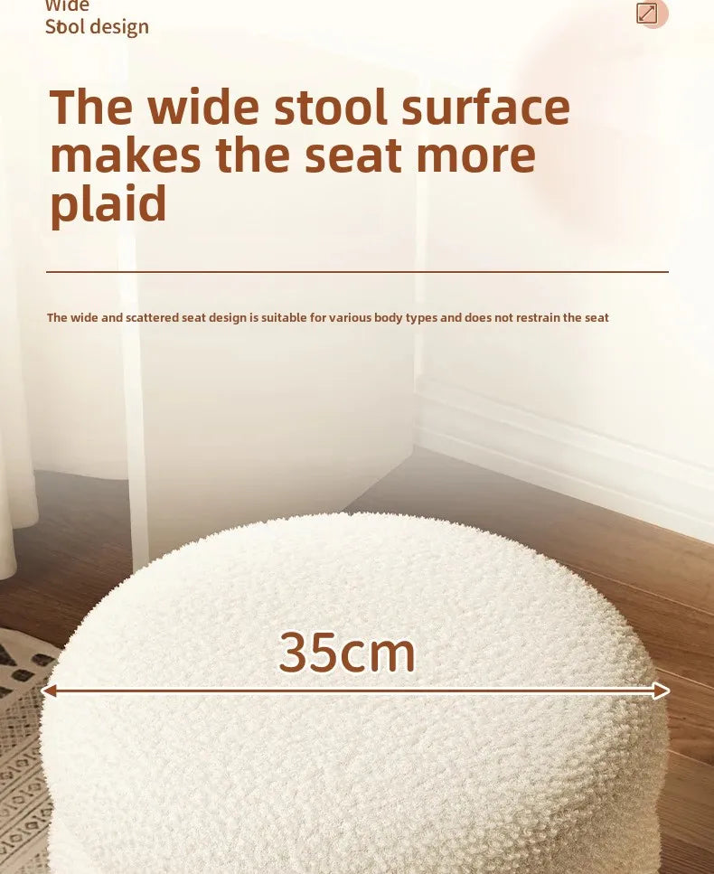 Creamy Household Stool for Girls, Makeup Seat, Bedroom Vanity Chair, Soft Lamb Wool Pouf, Minimalist Manicure, Round Ottoman