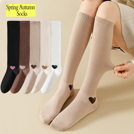 1 Pairs Spring-Autumn Trend Compression Calf Socks Women Heart Print Cotton High Socks Odor-Resistant for Slimming Legs All-Day