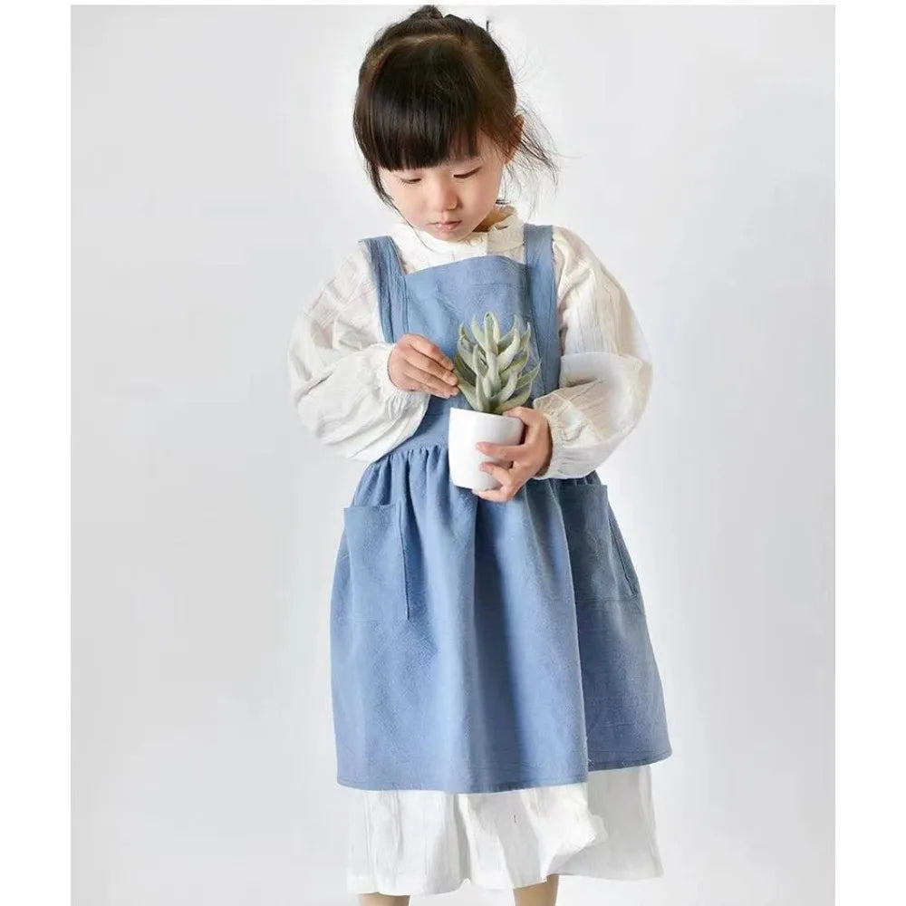 Kawaii Japanese Style Kids Apron Dress Solid Color Cotton Coffee Aprons Cross-back Soft Gardening Overalls Kitchen Accessories