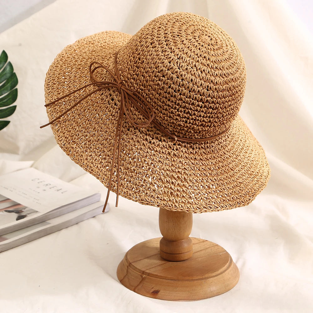 Holiday Sle Beach Fisherman Hat Seaside Sun Protection Sun Hat Large Brim Bow Woven Straw Hat Women Panama Chapeau Korean