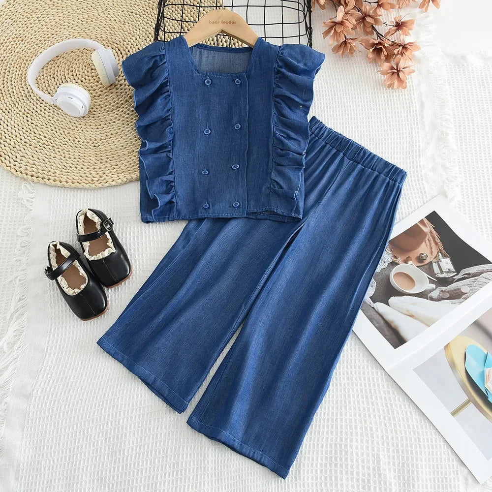 Bear Leader Toddler Girl Clothes Summer Solid Color Imitation Denim Children's Suit Blue Ruffled Sleeveless Vest+Pants 2Pcs Set