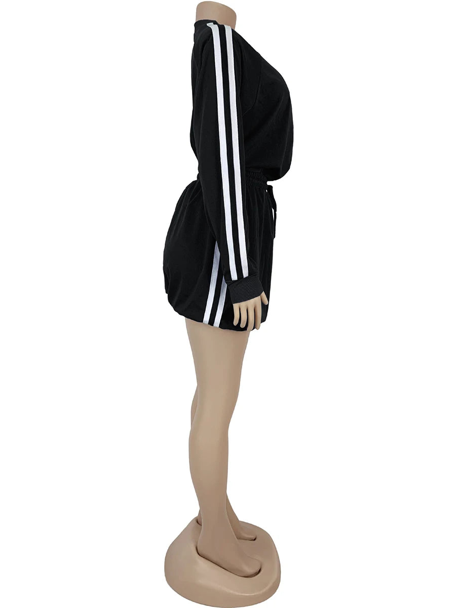 ZIML Minimalist Two Piece Sets For Women Stand Collar Long Sleeve Spliced Zipper Tops High Waist Shorts Chic Set Female Fashion