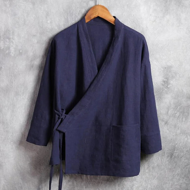 Men's linen vest Men's shirt Long sleeved Chinese official collar Traditional Kung Fu Tang casual social shirt Plus size shirt