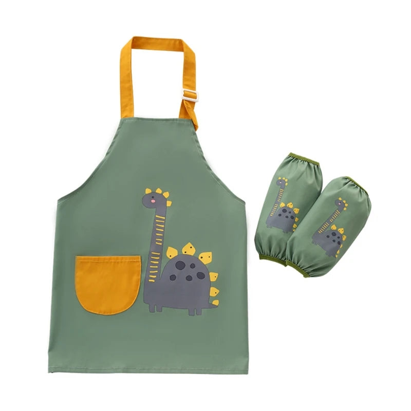 Cute Cartoon Children Apron with Sleeves Set Baby Bibs Kids Craft Art Apron Kitchen Cooking Suit Toddler Burp Cloths for 3-12Y