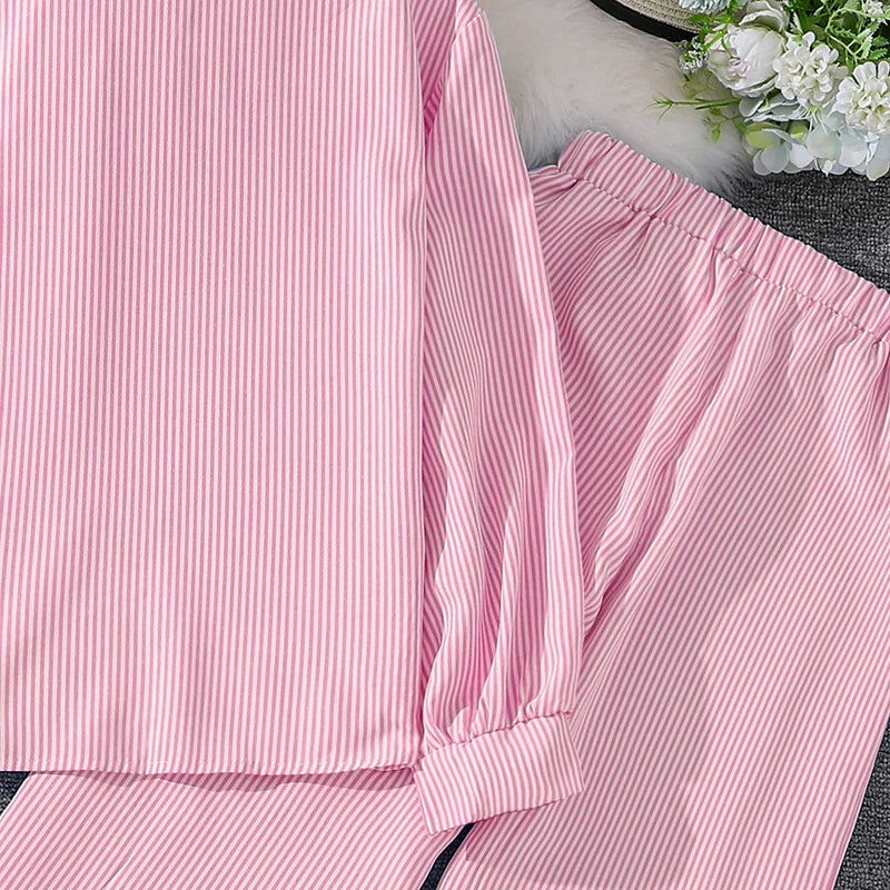 Kids Costume Suit For 4-12 Years Girls Pink Striped Long Sleeve Lapel Cardigan Shirt & Pants Daily Causal Style Comfortable Suit