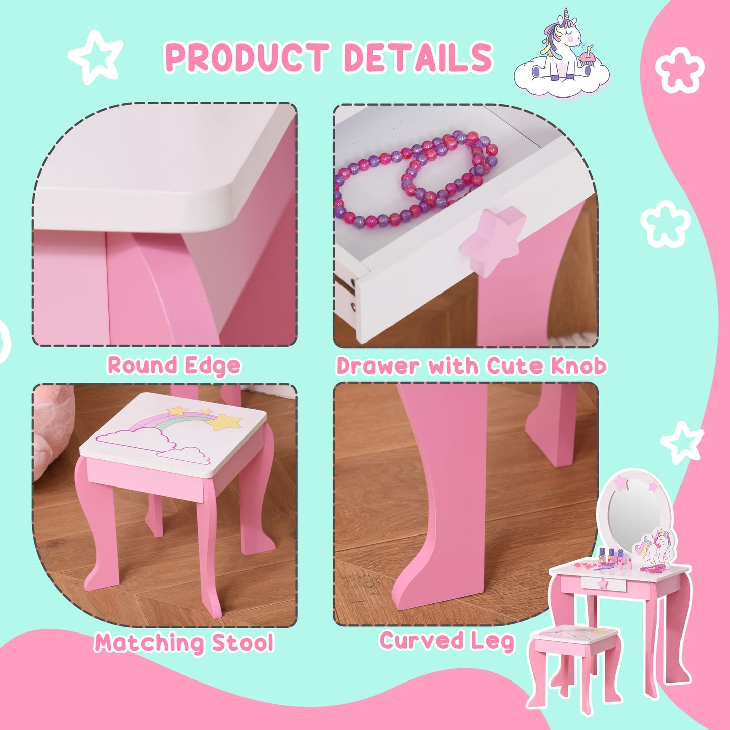HOMCOM Unicorn-Designed Girls Dressing Table with Mirror for Toddles Girls Age 3-6 Years, Acrylic Mirror, Pink and White