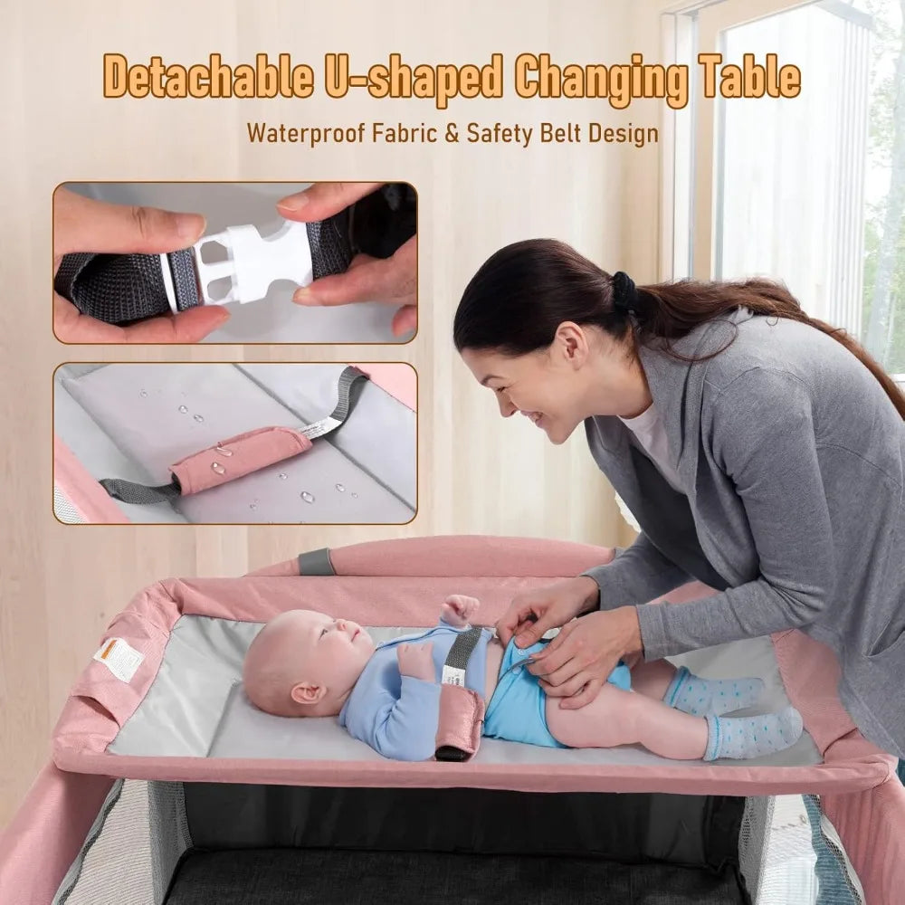 5 in 1 Baby Crib, Baby Bassinet Beside Sleeper, Pack and Play with Bassinet and Changing Table Portable Travel Baby Playpen