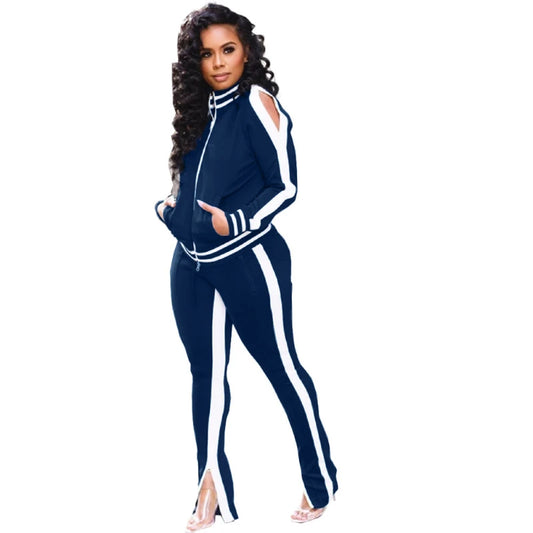 Women Pant Sets Tracksuit Zippers Jackets Striped Stand Collar Coats Pencil Pants Two Pieces Set Sports Casual Patchwork