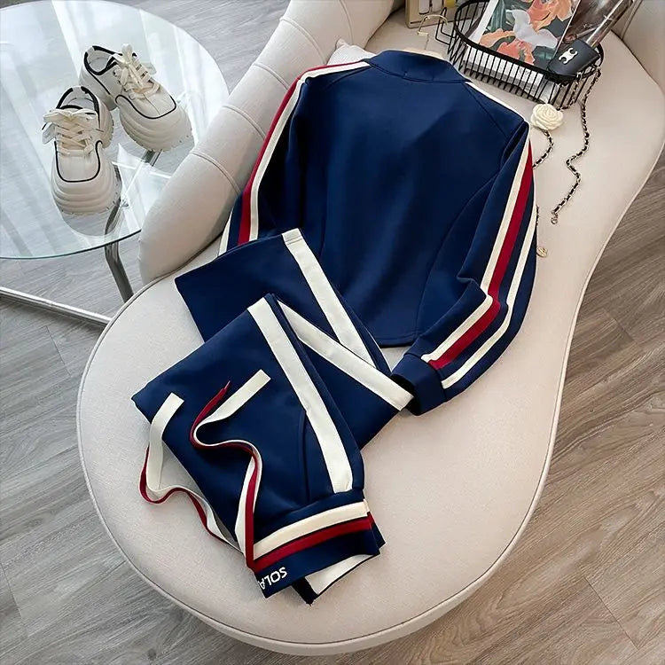 Blue Casual Sports Suit Women's Autumn and Winter Stylish Slimming Cardigan Sweatshirt Straight Leg Pants Two-piece Setpant Sets