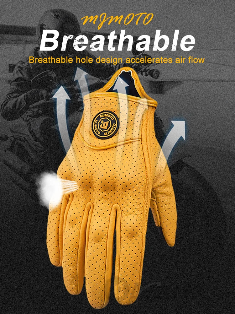 Retro Yellow Leather Motorcycle Gloves Men Women Breathable Perforated Motorbike Racing Gloves Touch Screen Motocross Moto Glove