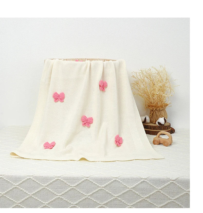 Baby Blankets Knit Newborn Boy Girl Bedding Quilt 90*70CM Infant Stroller Swaddle Wrap Super Soft Fashion Cute 3D Bows Sleepsack