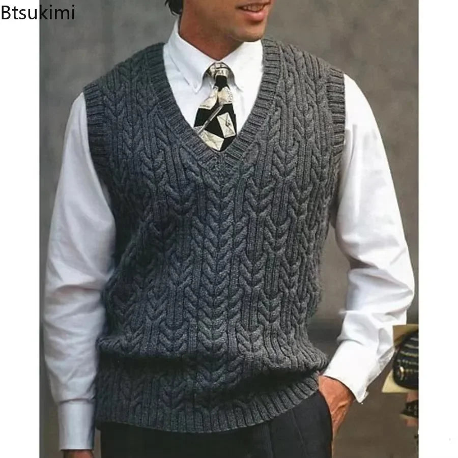 2025 Men's Autumn Winter Warm Casual Knitted Sweater Vest  Sleeveless V Neck Fleece Western Sweaters for Men Sueter Para Hombre
