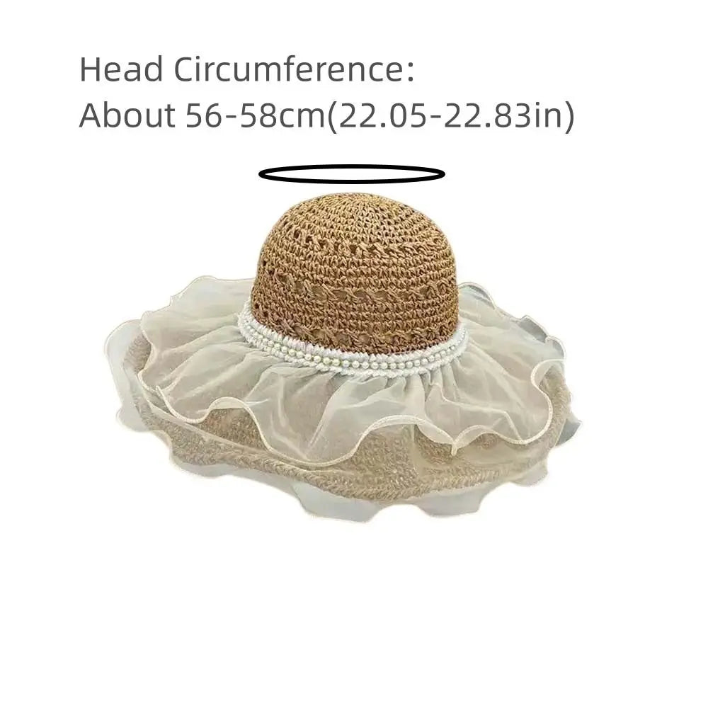Beige Portable Lace Pearls Sun Cap Hollow Out Polyester Straw Weaving Beach Hat Breathable Thin Big Brimmed Woven Cap Women