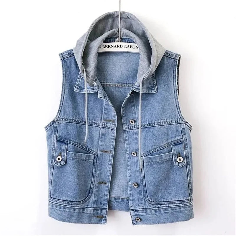 New Women Denim Vest Jackets Spring Autumn Pocket Hooded  Short Jean Waistcoat Sleeveless Jacket Outerwear Female Casual Top 5XL