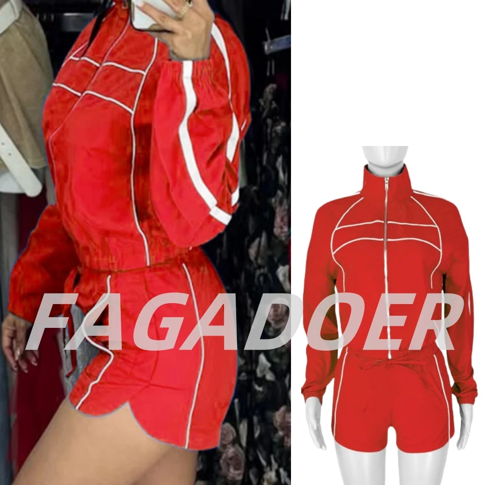 FAGADOER Casual Color Block 2 Pieces Set for Woman Long Sleeve Zipper Crop Jacke and Drawstring Shorts Female Jogger Clothing