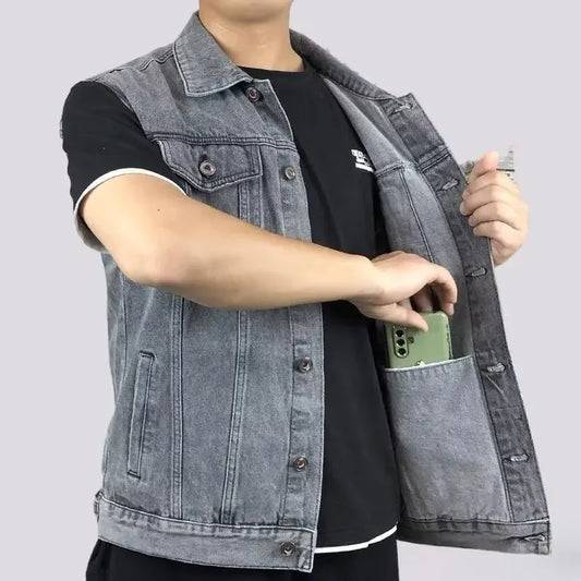 Men's Denim Vest Sleeveless Multi-Pocket Solid Color Spring Autumn Fashion Outerwear Casual Style Pure Color Top Coat