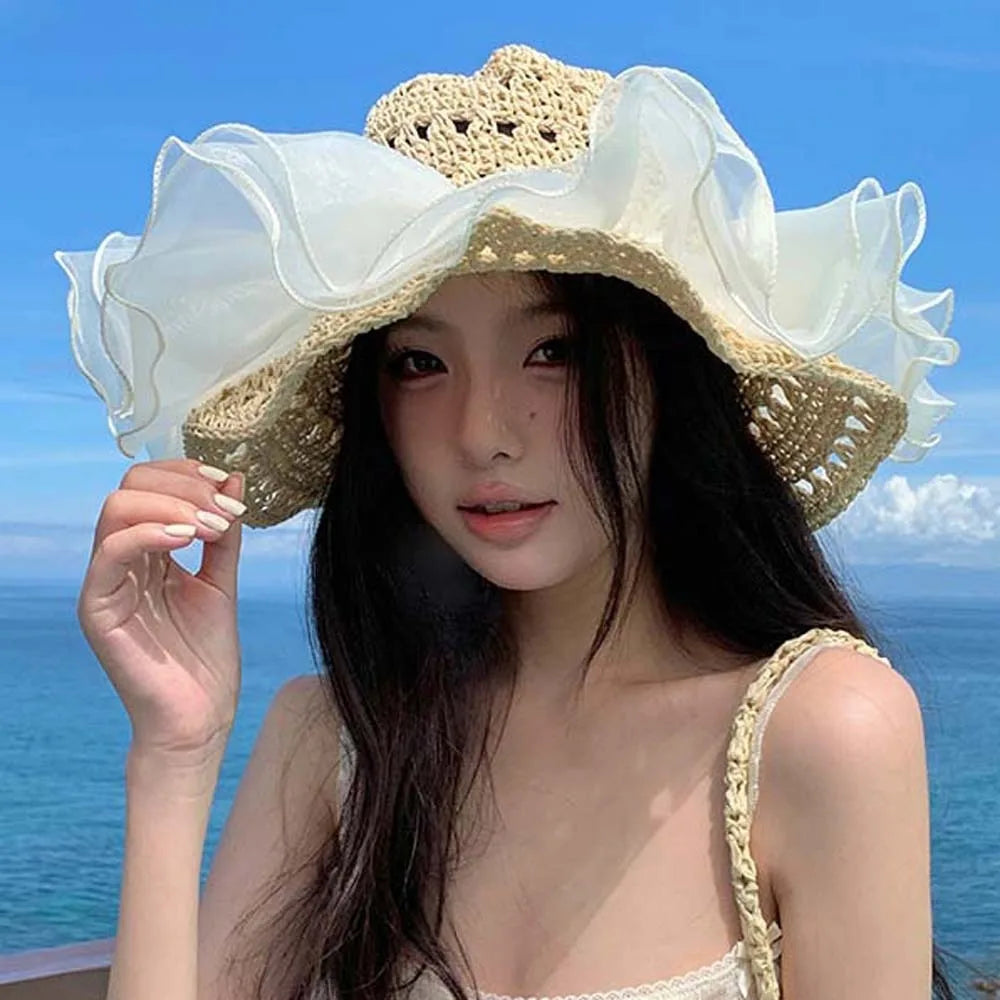 Beige Portable Lace Pearls Sun Cap Hollow Out Polyester Straw Weaving Beach Hat Breathable Thin Big Brimmed Woven Cap Women