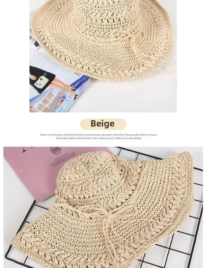 Foldable Sun Protection Straw Hat Women's Summer Korean Style Beach Vacation Outing Large Brim Sand Beach Cap Lace Net Hat