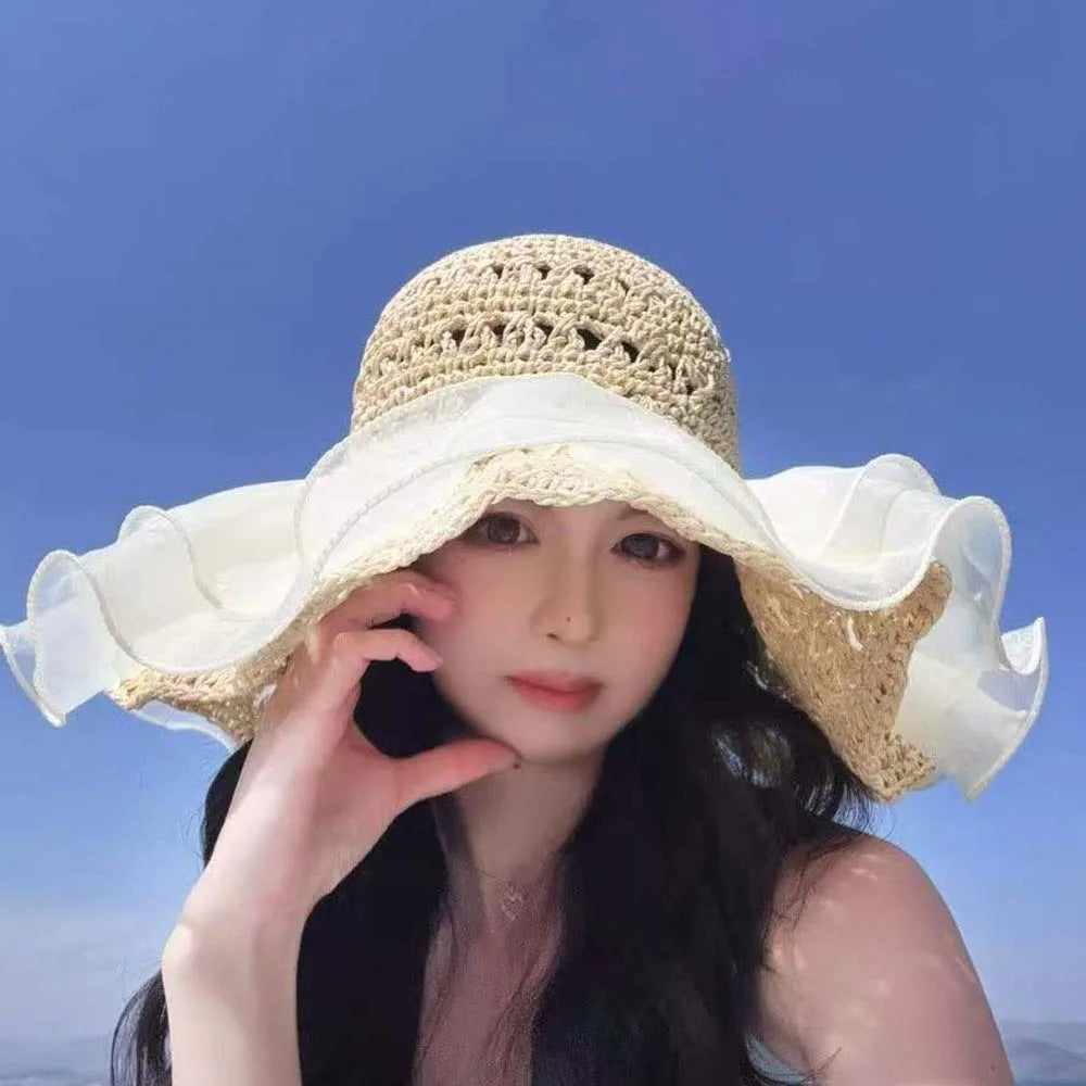 Beige Portable Lace Pearls Sun Cap Hollow Out Polyester Straw Weaving Beach Hat Breathable Thin Big Brimmed Woven Cap Women