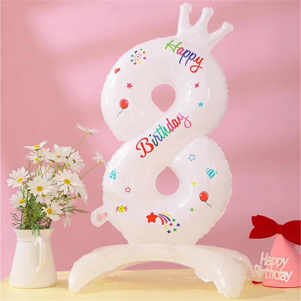 32inch White Crown Number Standing Balloon 0-9 Digital Balloons For Children's Happy Birthday Party Anniversary Decoration Golob