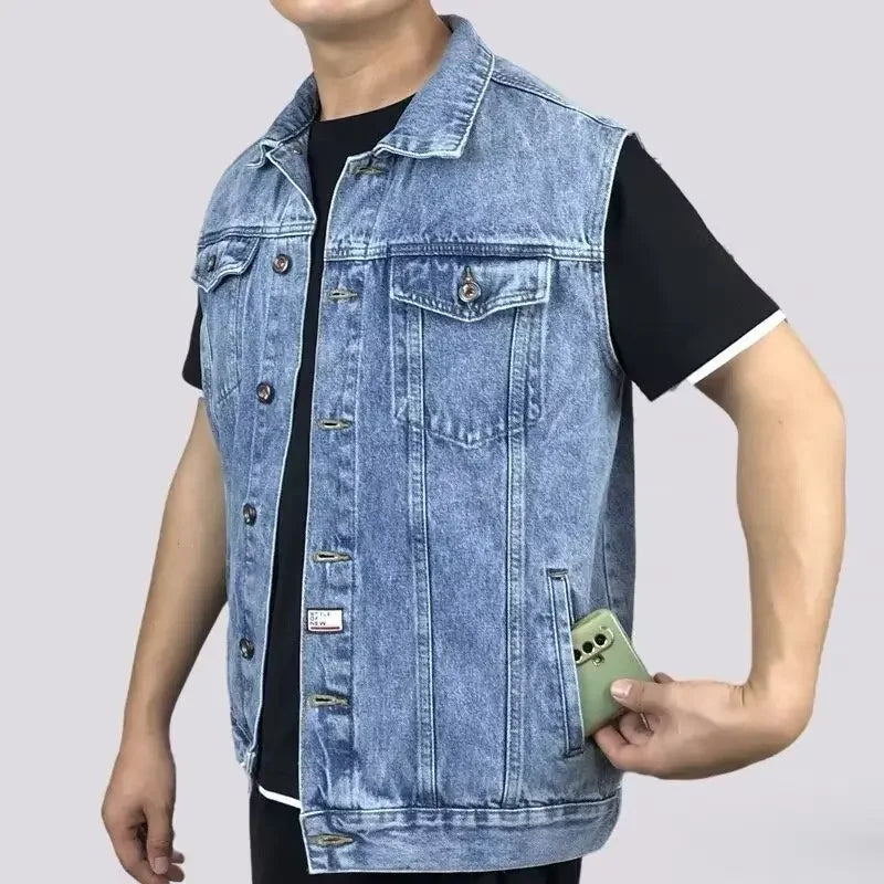 Men's Denim Vest Sleeveless Multi-Pocket Solid Color Spring Autumn Fashion Outerwear Casual Style Pure Color Top Coat