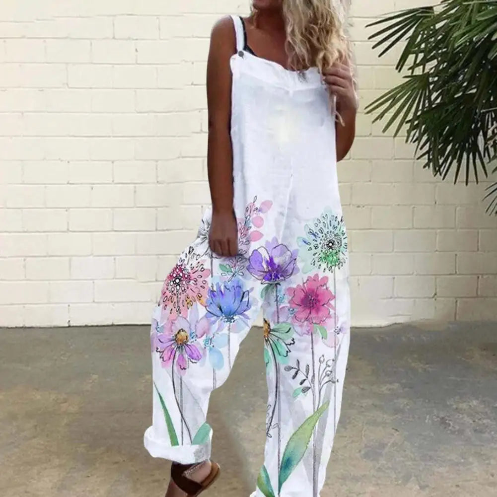 Casual Loose Jumpsuit Women Spaghetti Long Camis Summer Print Cotton Linen Strap Wide Leg Pants Bib Overalls Sleeveless Jumpsuit