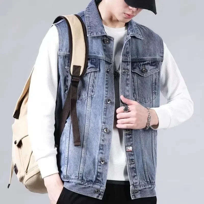 Men's Denim Vest Sleeveless Multi-Pocket Solid Color Spring Autumn Fashion Outerwear Casual Style Pure Color Top Coat