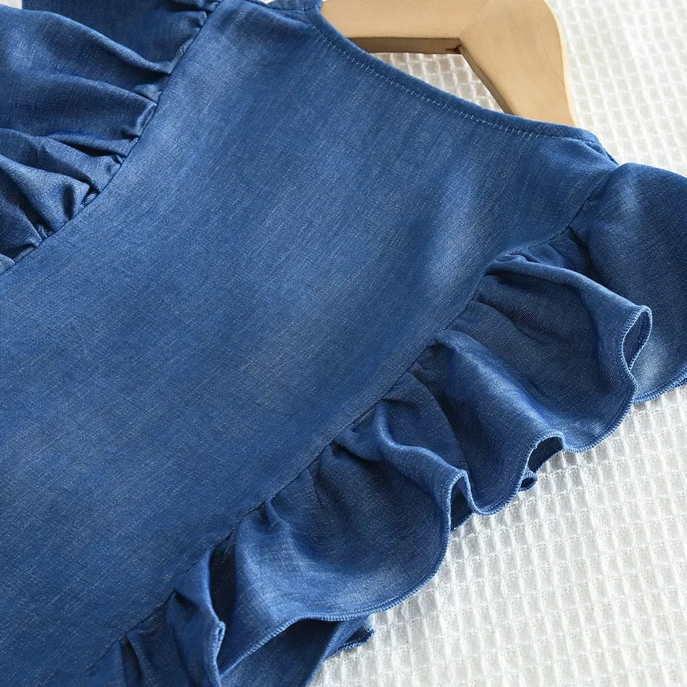 Bear Leader Toddler Girl Clothes Summer Solid Color Imitation Denim Children's Suit Blue Ruffled Sleeveless Vest+Pants 2Pcs Set
