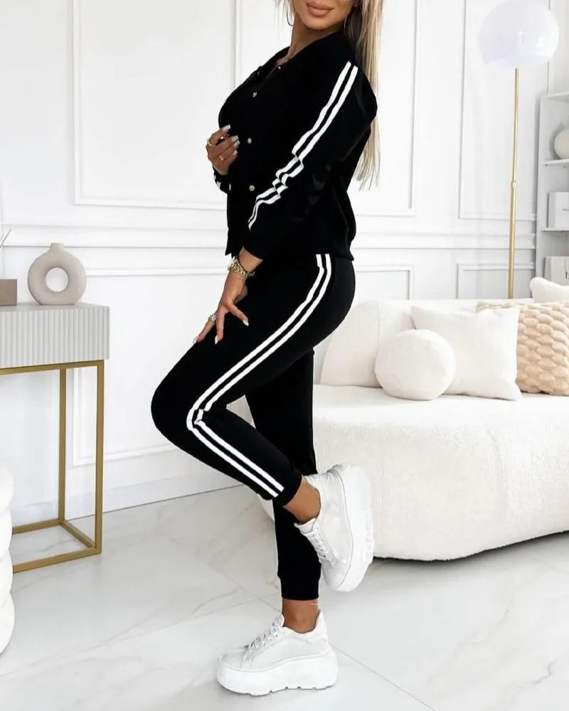 Autumn 3 Piece Tracksuit Outfit Set Striped Tape Patch Button Front Jacket Cuffed Pants Tank Top with Pockets for Casual Wear