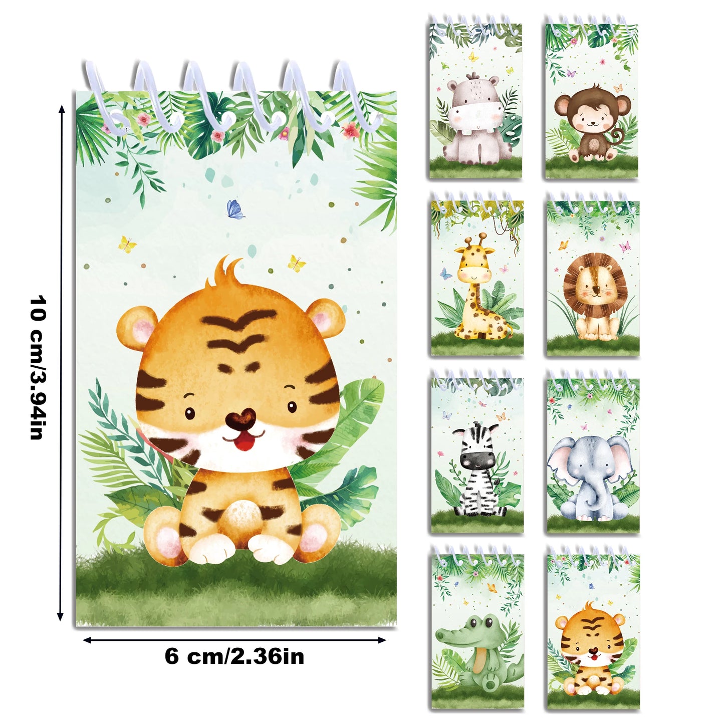 8pcs Jungle Animals Mini Spiral Notepads Cartoon Tiger Lion Pattern Spiral Coil Notebook for Birthday Party Supplies