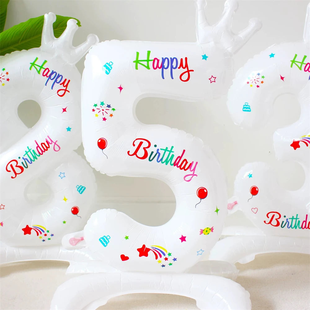 32inch White Crown Number Standing Balloon 0-9 Digital Balloons For Children's Happy Birthday Party Anniversary Decoration Golob