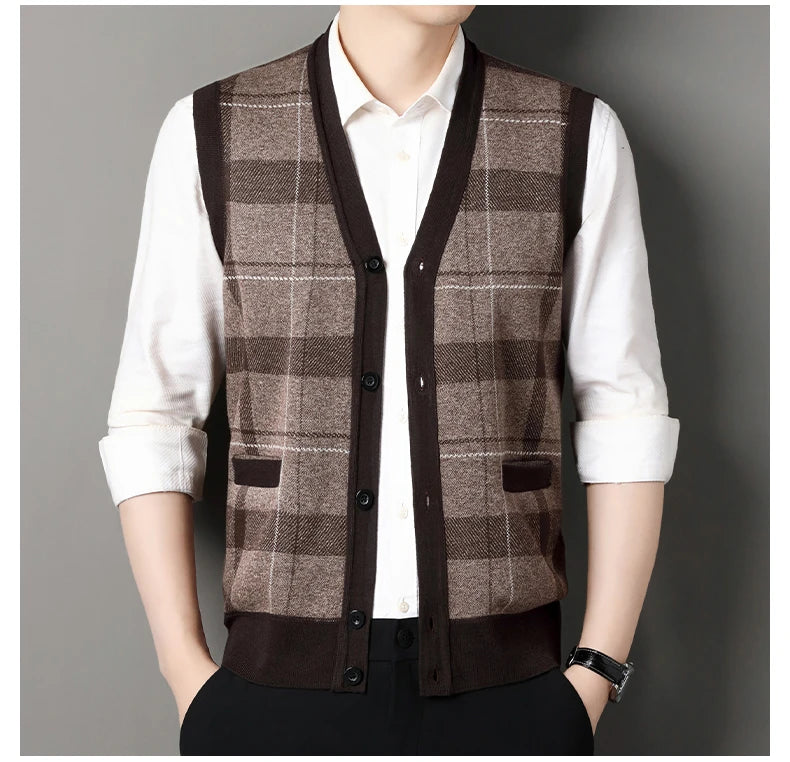 New Men's Sweater Vest Casual Sleeveless Knit Jackets Men Fashion Plaid V-neck Cardigans Man Clothes Knitted Waistcoat