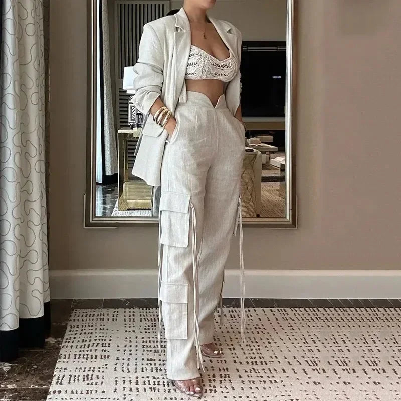 CM.YAYA Fashion Women's Set Long Sleeve Blazer Suit and Wide Leg Cargo Pants 2023 OL Workout Two 2 Piece Sets Outfit Tracksuit