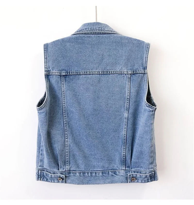 New Women Denim Vest Jackets Spring Autumn Pocket Hooded  Short Jean Waistcoat Sleeveless Jacket Outerwear Female Casual Top 5XL