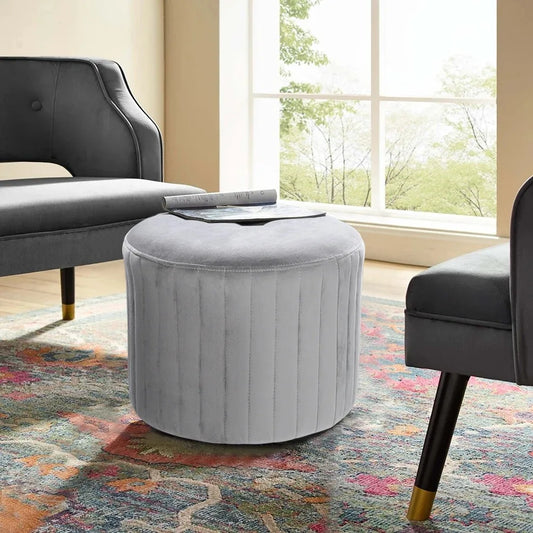 Grey Comfortable Round Velvet Stool Chair Dressing Table Ottoman for Living Room  Bedroom