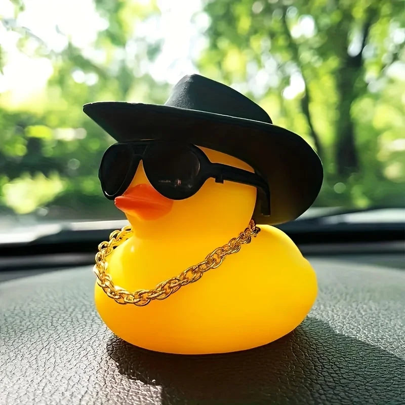 1PC cute yellow duck car ornament with black cowboy hat and sunglasses, car decoration, holiday gift