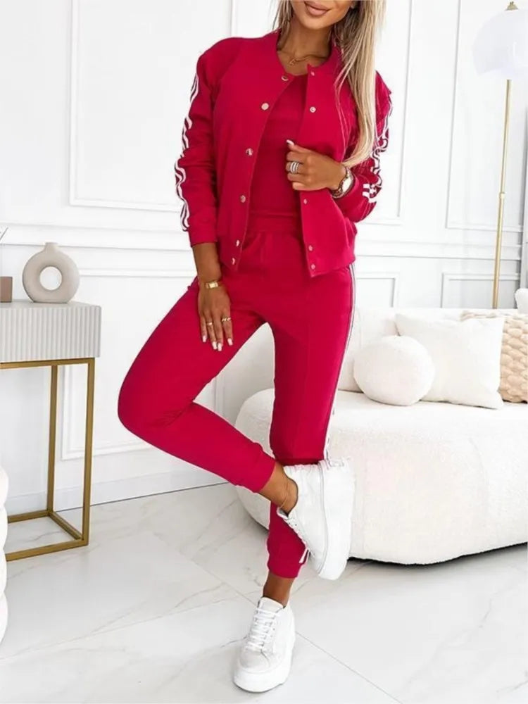 Autumn Winter Fashion Red Black Casual 3 Piece Sets Women O-neck Slim Tank Top + Button Long Sleeve Jacket And Pencil Pant Set