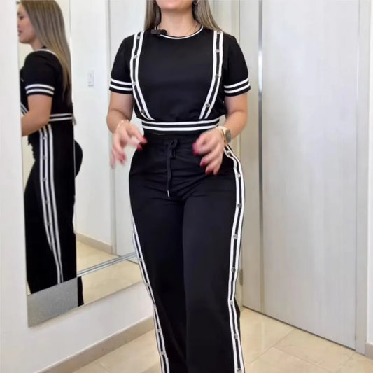 Fashion Rivet T Shirt Short Sleeved Long Pants Women's Set Autumn Casual Striped Red Slit Straight through Long Pants Sports Set