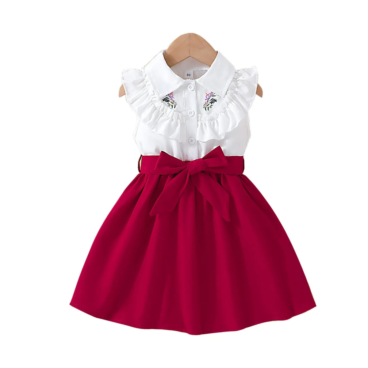 Prowow Lady Girl's Dresses Sleeveless Embroidery Floral Lotus Dress Turn-Down Collar Patchwork Shirt Dress For Girls With Belt
